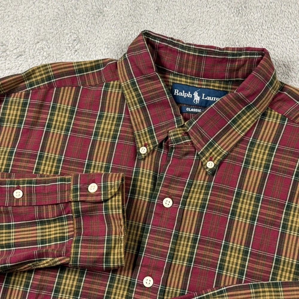 Ralph Lauren Classic Fit Plaid‎ Button Down Shirt Mens XL Burgundy Olive Green